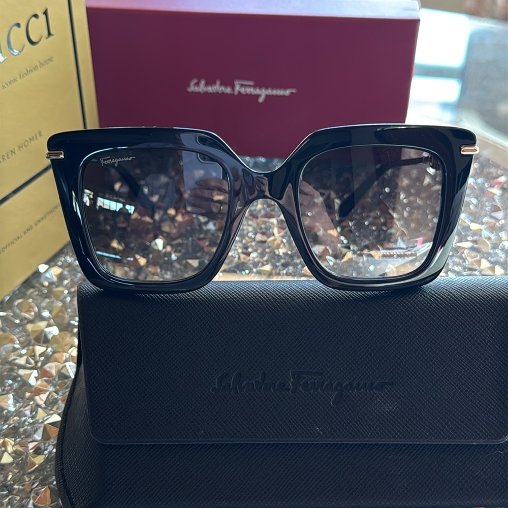 Salvatore Ferragamo Black Square Silver Hardware Sunglasses, New In Box